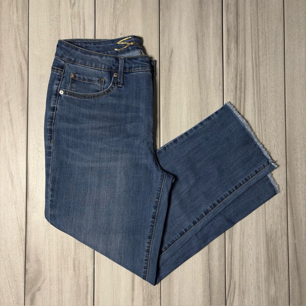 Seven7 Tower Straight Crop Jeans 8 Raw Hem Medium Wash Blue Denim Frayed Stretch
